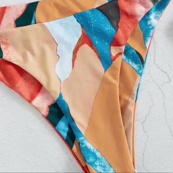Boho front tie color block abstract print high waisted tube bikini set - Picture 5 of 5